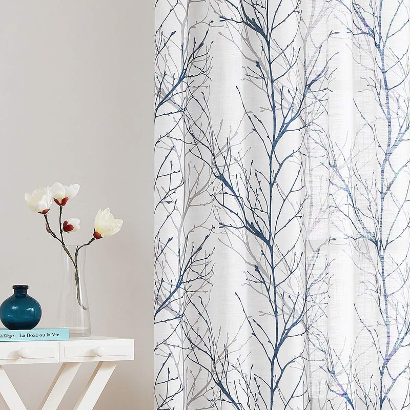 FMFUNCTEX Blue White Curtains 50" X 45" for Kitchen Living Room Tree Branch Print Wrinkle- Free Small Linen Texture Semi Sheer Window Panels for Bedroom 2 Panels, Grommet Top - Image 3